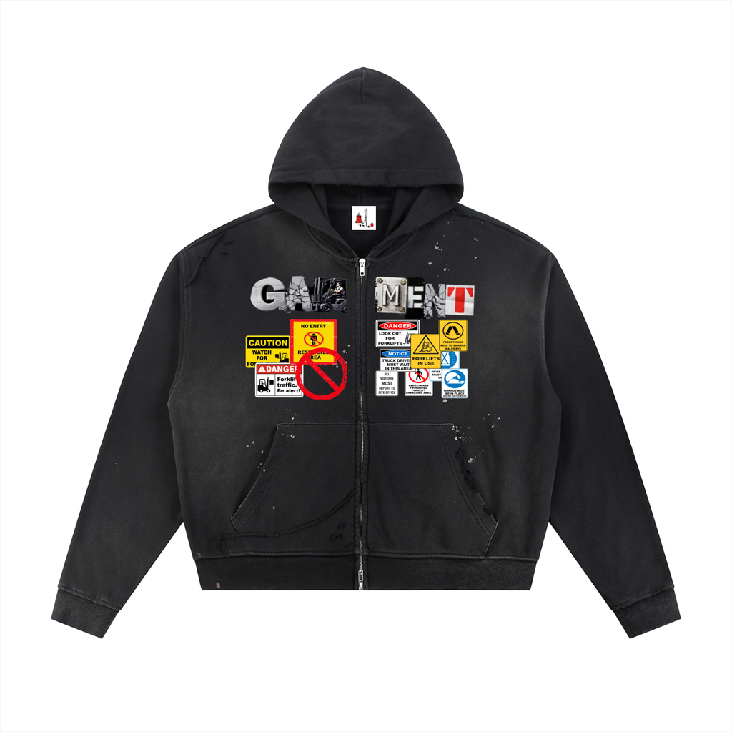 Sun Fade Frayed Raw Edge Fleece Zip Hoodie